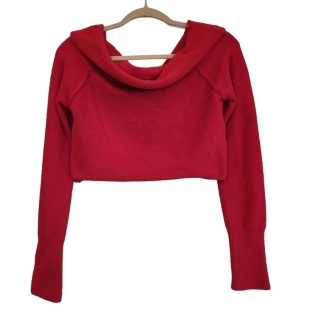 Free People Fuchsia Cropped Cowl Neck Sweater Size L Long Sleeves Ribbed Cuffs